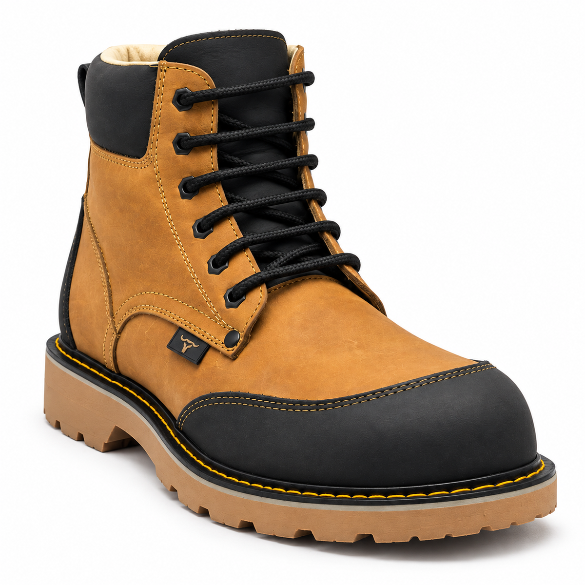 Bota de trabajo de 6" para hombre punta moc de piel genuina color miel y negro con suela de hule resistente a aceite y acido Hooch Boots H60351 vista tres cuartos