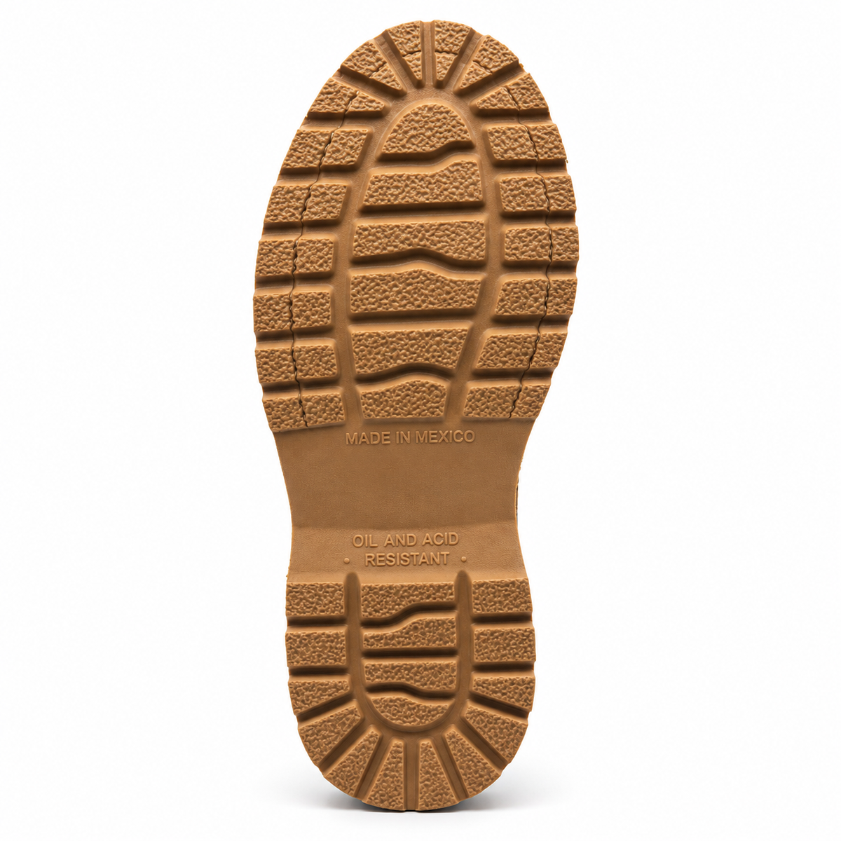 Bota de trabajo de 6" para hombre punta moc de piel genuina color miel y negro con suela de hule resistente a aceite y acido Hooch Boots H60351 vista de la suela