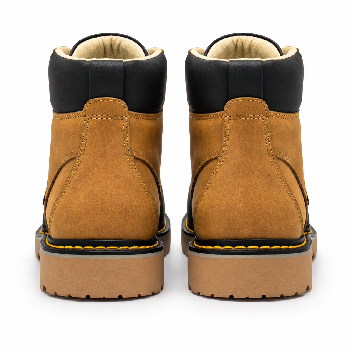 Bota de trabajo de 6" para hombre punta moc de piel genuina color miel y negro con suela de hule resistente a aceite y acido Hooch Boots H60351 par vista trasera
