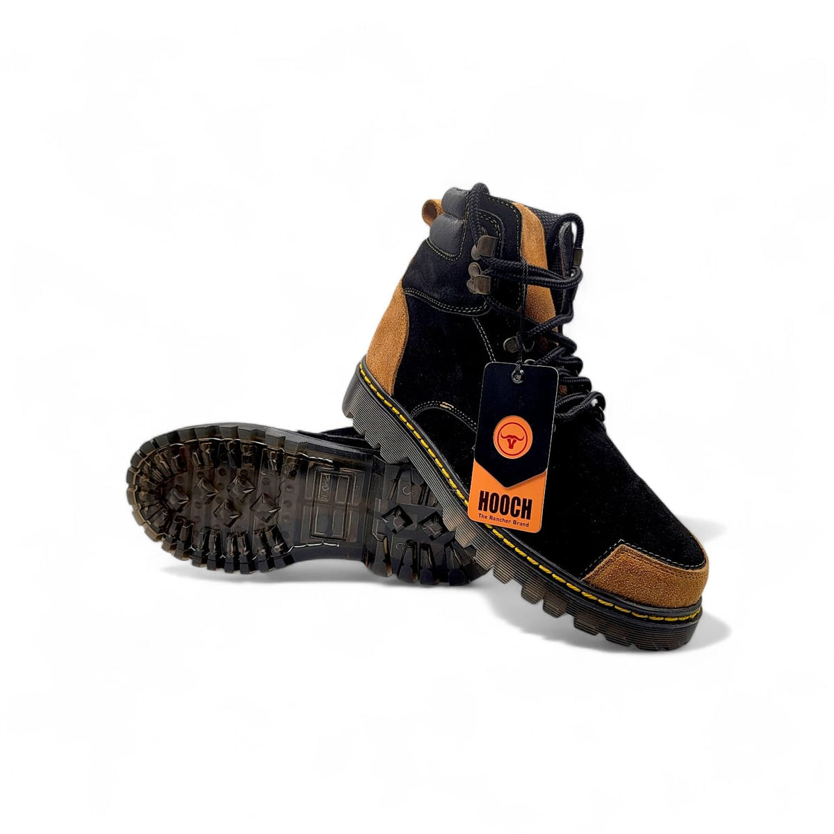 Zapato de trabajo para hombre punta redonda de piel genuina acabado gamuza color negro y miel con suela de hule transparente Hooch Boots H70151