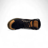 Zapato de trabajo para hombre punta redonda de piel genuina acabado gamuza color negro y miel con suela de hule transparente Hooch Boots H70151