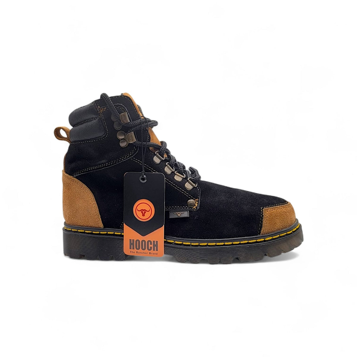 Zapato de trabajo para hombre punta redonda de piel genuina acabado gamuza color negro y miel con suela de hule transparente Hooch Boots H70151