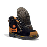 Zapato de trabajo para hombre punta redonda de piel genuina acabado gamuza color negro y miel con suela de hule transparente Hooch Boots H70151