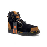 Zapato de trabajo para hombre punta redonda de piel genuina acabado gamuza color negro y miel con suela de hule transparente Hooch Boots H70151