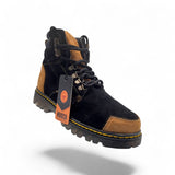 Zapato de trabajo para hombre punta redonda de piel genuina acabado gamuza color negro y miel con suela de hule transparente Hooch Boots H70151