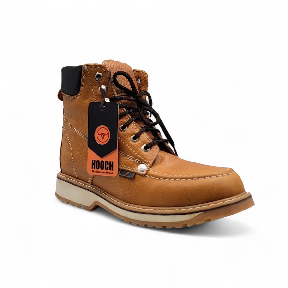 Bota de trabajo de 6" para hombre punta moc de piel genuina color miel con suela de hule antiderrapante resistente a aceite Hooch Boots H801T51
