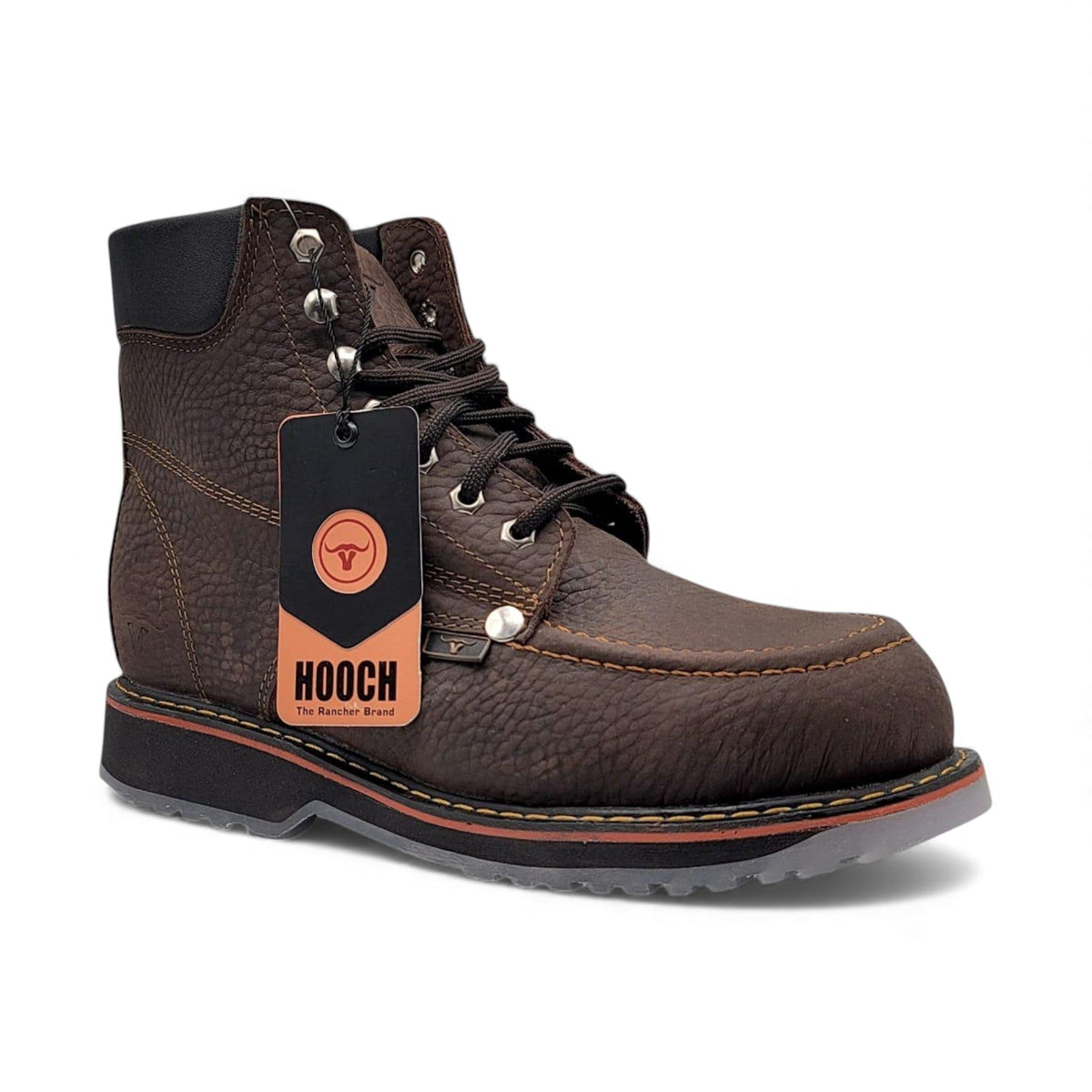 Bota de trabajo de 6" para hombre punta moc de piel genuina color chocolate con suela de hule transparente antiderrapante resistente a aceite Hooch Boots H801T94