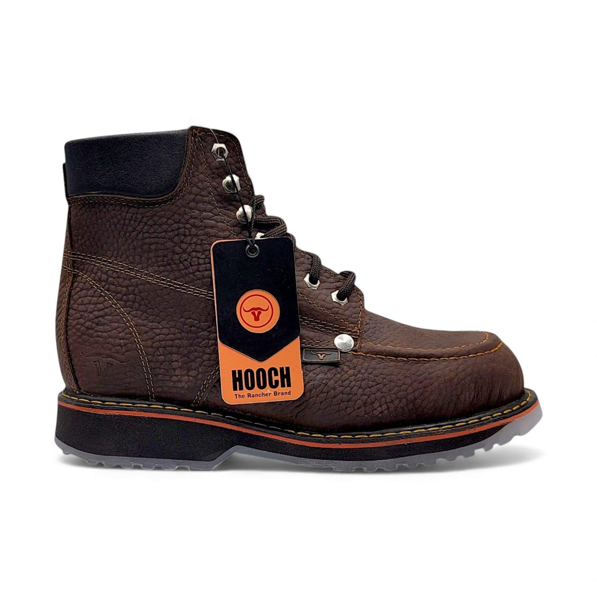 Bota de trabajo de 6" para hombre punta moc de piel genuina color chocolate con suela de hule transparente antiderrapante resistente a aceite Hooch Boots H801T94