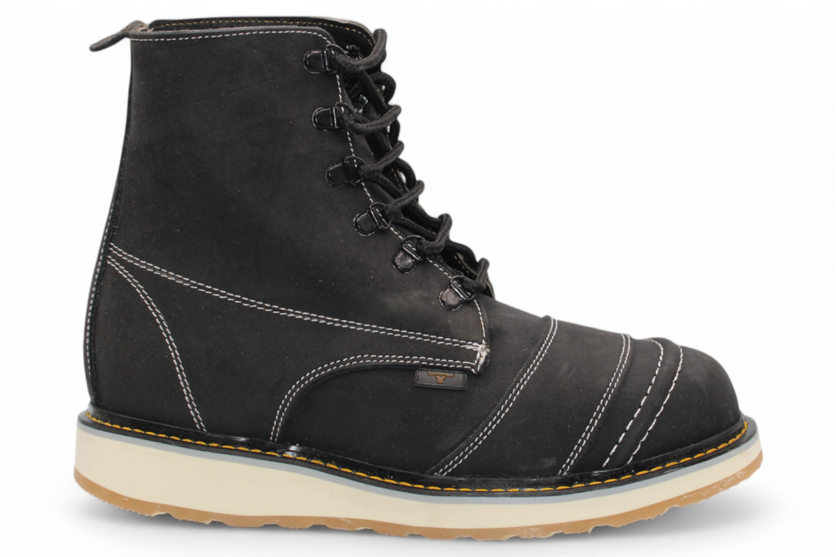Zapato de trabajo para hombre punta redonda de piel crazy color negro con suela de hule Hooch Boots H50205