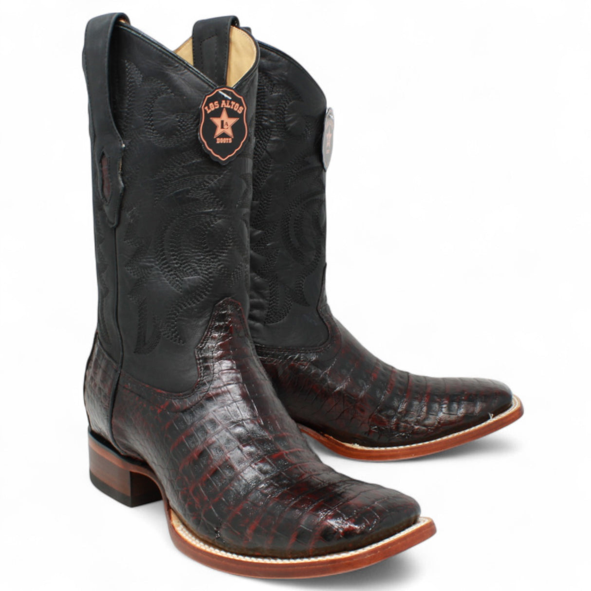Botas de Panza de Caiman Original Punta Rodeo Cuadrada Ancha Color Negro Rojizo - Los Altos Boots
