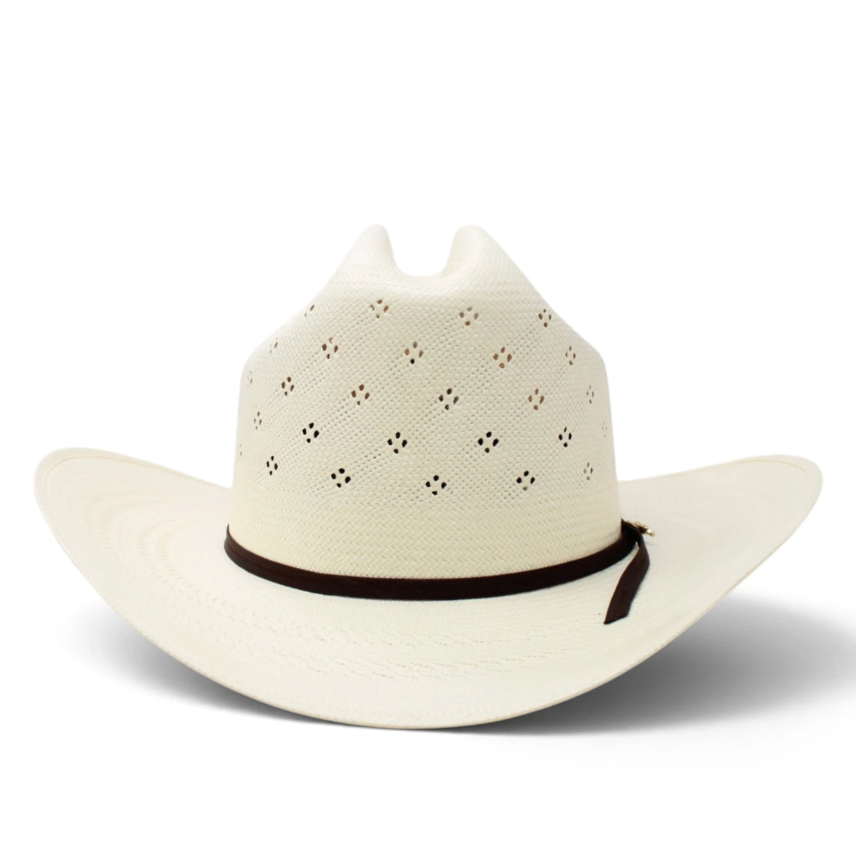 Sombrero vaquero Morcoon 100X color natural con horma Rancher, copa con pequeñas perforaciones decorativas, ala ancha curvada y toquilla de listón negro, fotografiado sobre fondo blanco. front