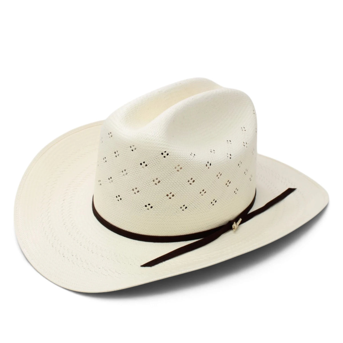 Sombrero vaquero Morcoon 100X color natural con horma Rancher, copa con pequeñas perforaciones decorativas, ala ancha curvada y toquilla de listón negro, fotografiado sobre fondo blanco.