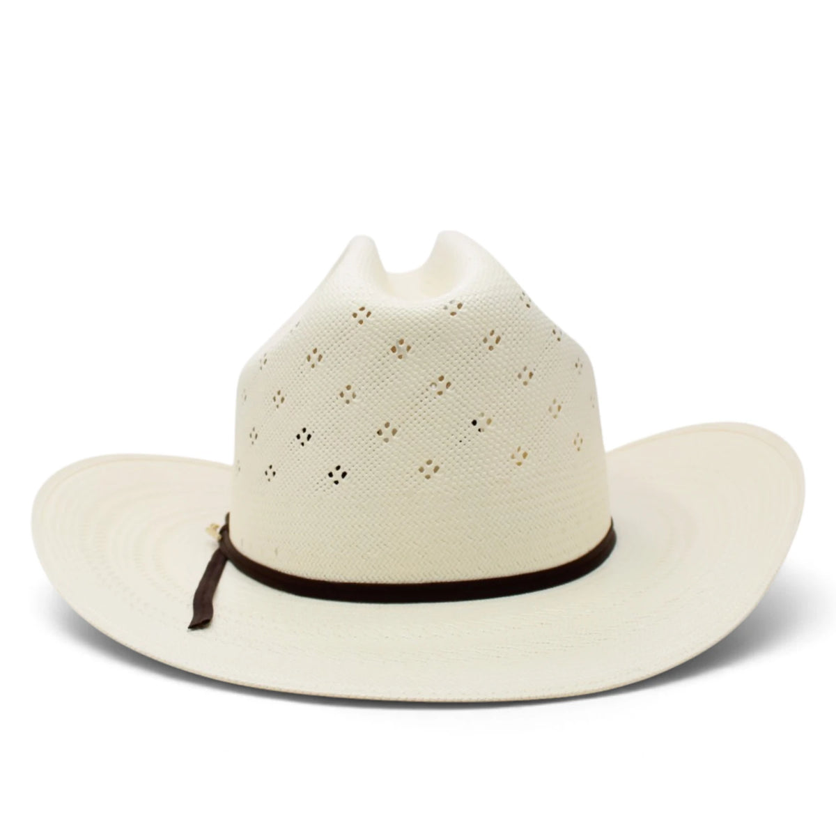 Sombrero vaquero Morcoon 100X color natural con horma Rancher, copa con pequeñas perforaciones decorativas, ala ancha curvada y toquilla de listón negro, fotografiado sobre fondo blanco. back