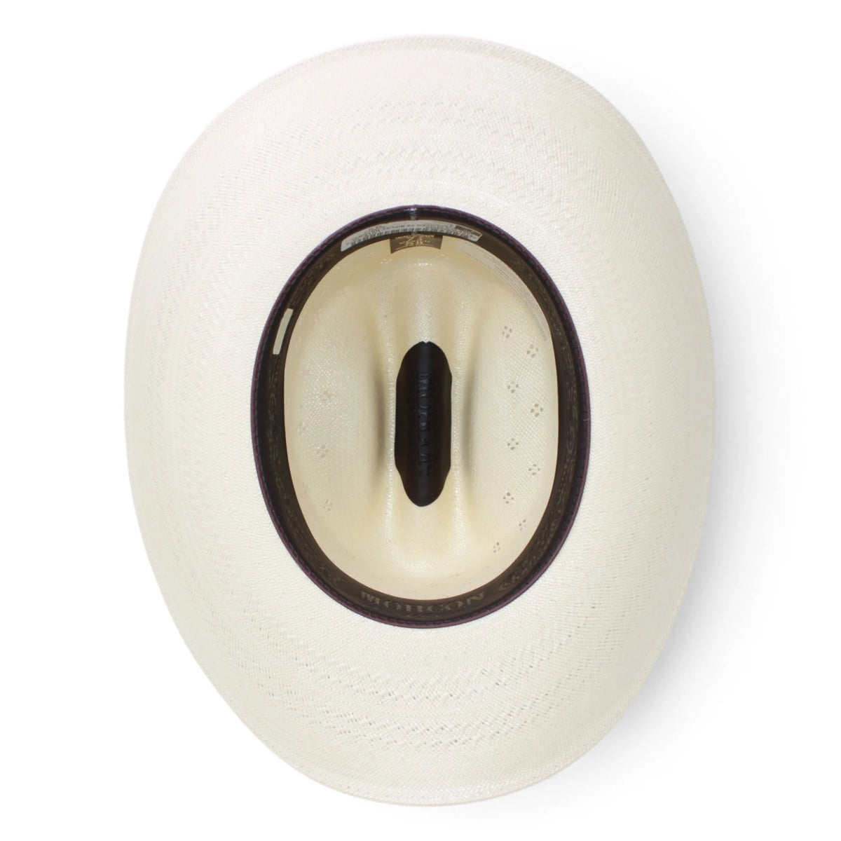Sombrero vaquero Morcoon 100X color natural con horma Rancher, copa con pequeñas perforaciones decorativas, ala ancha curvada y toquilla de listón negro, fotografiado sobre fondo blanco. Inside