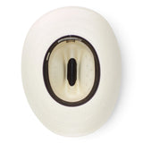 Sombrero vaquero Morcoon 100X color natural con horma Rancher, copa con pequeñas perforaciones decorativas, ala ancha curvada y toquilla de listón negro, fotografiado sobre fondo blanco. Inside