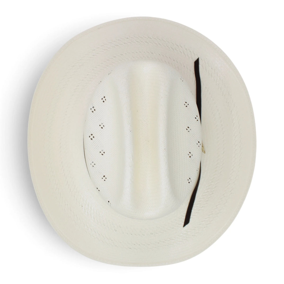 Sombrero vaquero Morcoon 100X color natural con horma Rancher, copa con pequeñas perforaciones decorativas, ala ancha curvada y toquilla de listón negro, fotografiado sobre fondo blanco. Top
