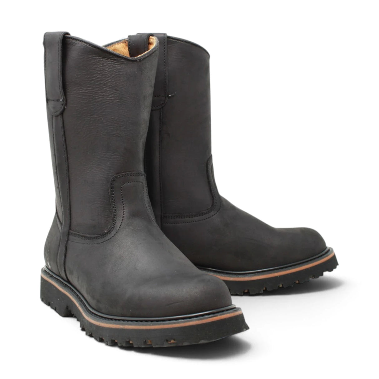 Bota de trabajo para hombre de piel con punta redonda y suela de hule Tractor de alta tracción, disponible en negro