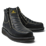 Botín de trabajo para hombre Diego’s Boots en piel negro, con doble cierre lateral, costuras contrastantes y suela de hule.