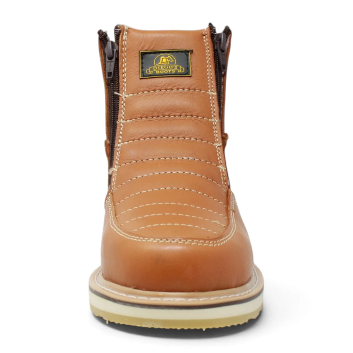 Botín de trabajo para hombre Diego’s Boots en piel miel, con doble cierre lateral, costuras contrastantes y suela de hule. front