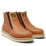 Botín de trabajo para hombre Diego’s Boots en piel miel, con doble cierre lateral, costuras contrastantes y suela de hule. par
