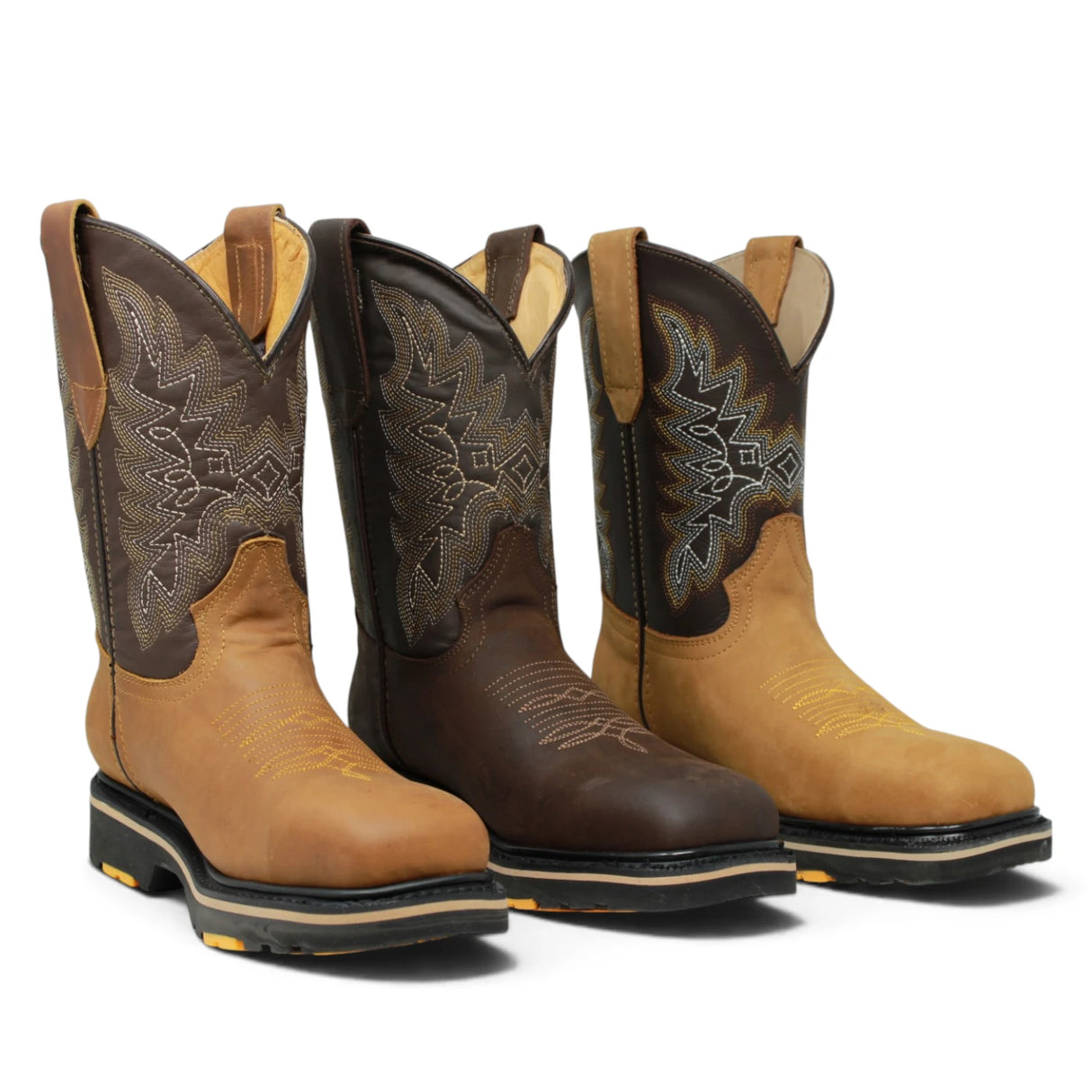 Bota de trabajo para hombre en piel color miel  tang yh cafe con punta cuadrada, bordado western y suela de doble densidad resistente. 