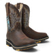 Bota de trabajo para hombre en piel color cafe con punta cuadrada, bordado western y suela de doble densidad resistente.