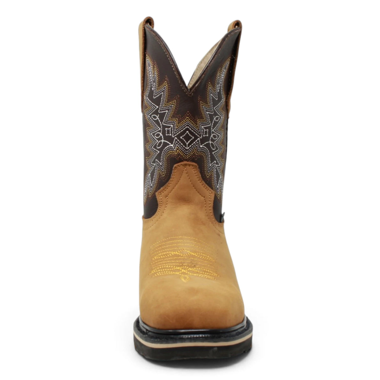 Bota de trabajo para hombre en piel color tabacco con punta cuadrada, bordado western y suela de doble densidad resistente. steel toe