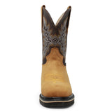 Bota de trabajo para hombre en piel color tabacco con punta cuadrada, bordado western y suela de doble densidad resistente. steel toe