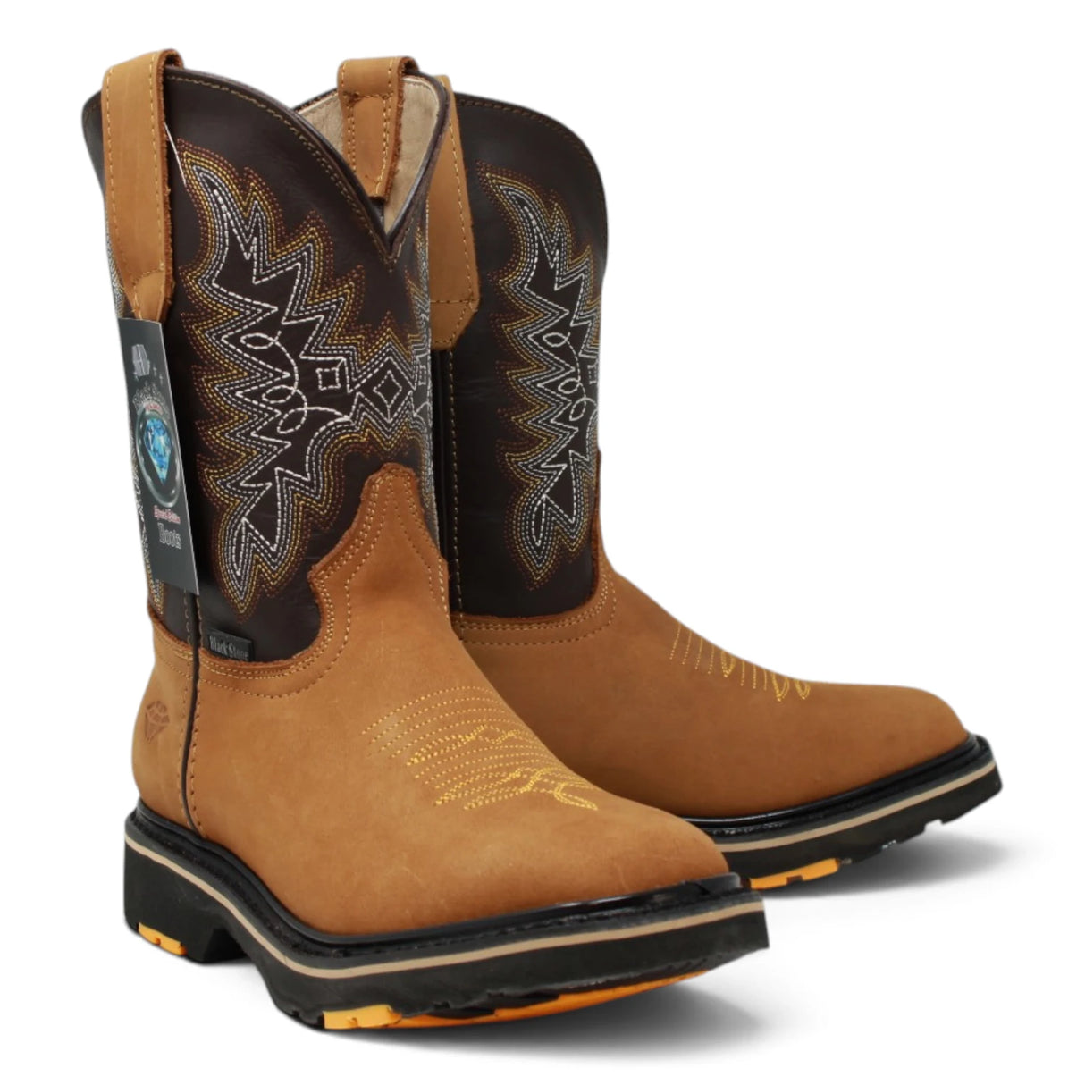 Bota de trabajo para hombre en piel color tabacco con punta cuadrada, bordado western y suela de doble densidad resistente.