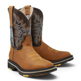 Bota de trabajo para hombre en piel color tang con punta cuadrada, bordado western y suela de doble densidad resistente.