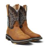 Bota de trabajo para hombre en piel color tang con punta cuadrada, bordado western y suela de doble densidad resistente. PAR
