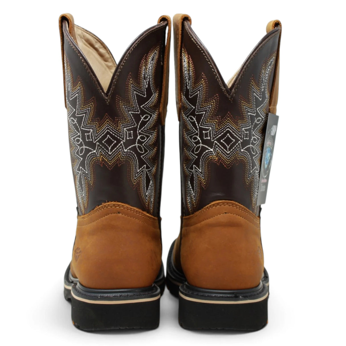 Bota de trabajo para hombre en piel color miel con punta cuadrada, bordado western y suela de doble densidad resistente. Back