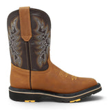 Bota de trabajo para hombre en piel color miel con punta cuadrada, bordado western y suela de doble densidad resistente. Lateral