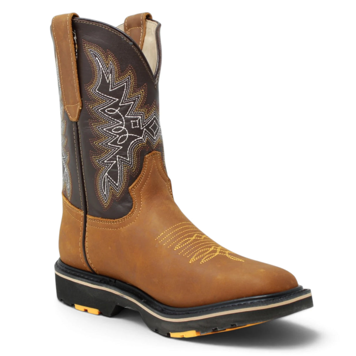 Bota de trabajo para hombre en piel color miel con punta cuadrada, bordado western y suela de doble densidad resistente. una angle