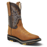 Bota de trabajo para hombre en piel color miel con punta cuadrada, bordado western y suela de doble densidad resistente. una angle