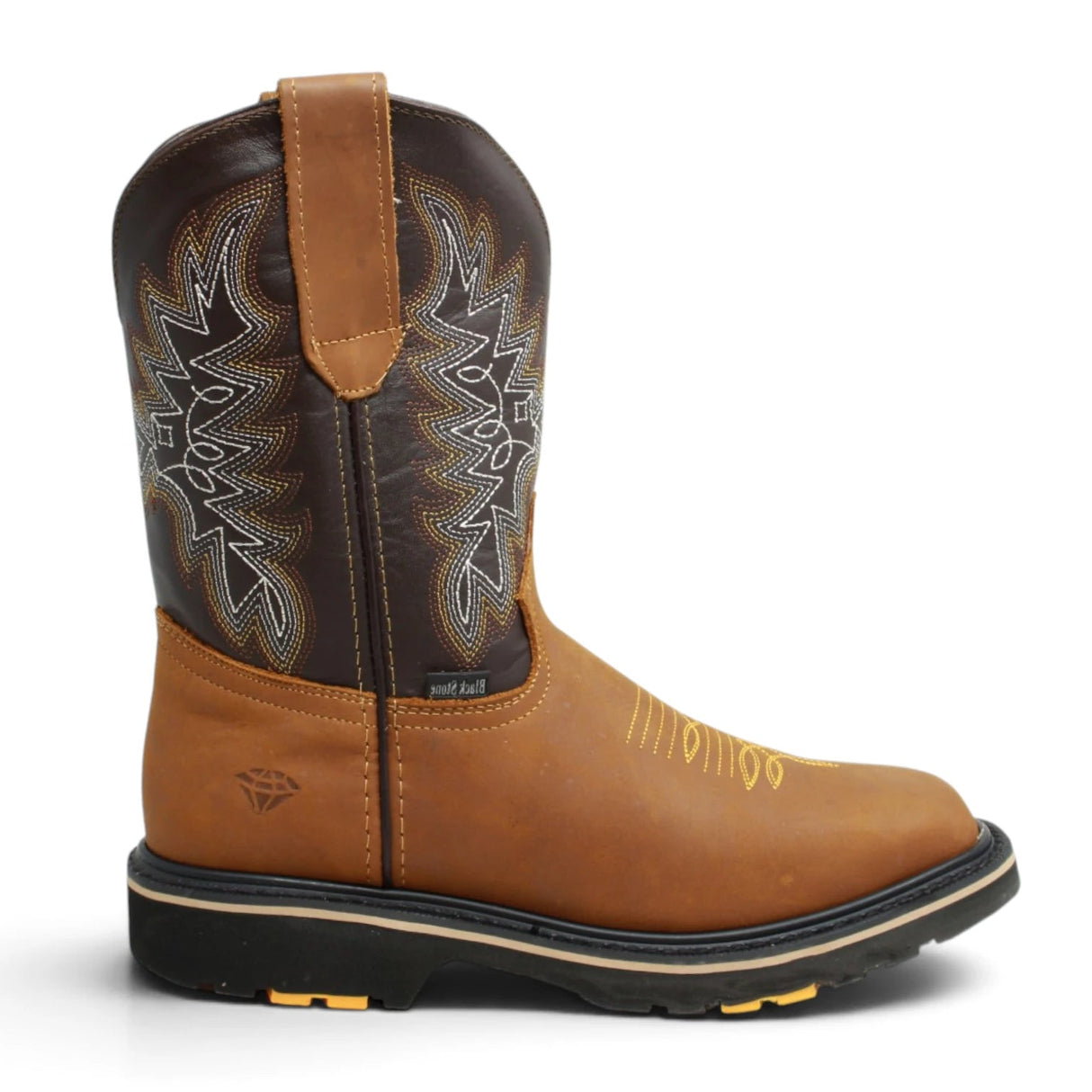 Bota de trabajo para hombre en piel color miel con punta cuadrada, bordado western y suela de doble densidad resistente.