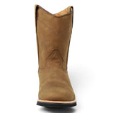 Bota de trabajo para hombre de piel graso color Shedron con suela de hule, usada en ambiente de taller con jeans y guantes de trabajo. frente