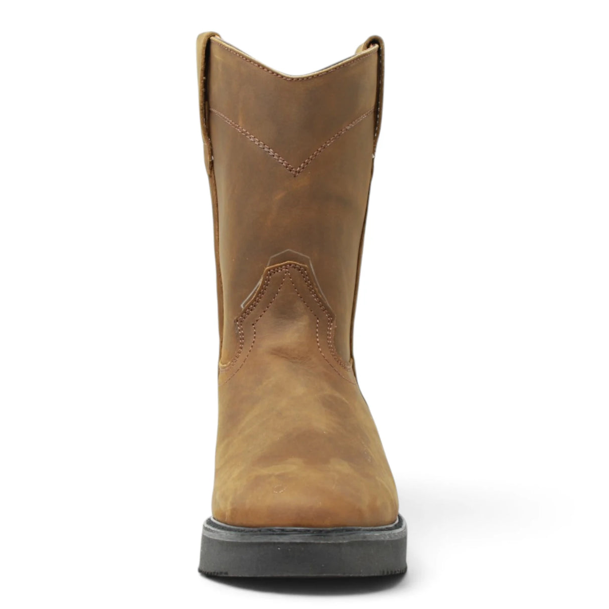 Bota de trabajo para hombre en color tang con punta redonda, caña media y suela de hule Mil Rayas resistente. De Frente