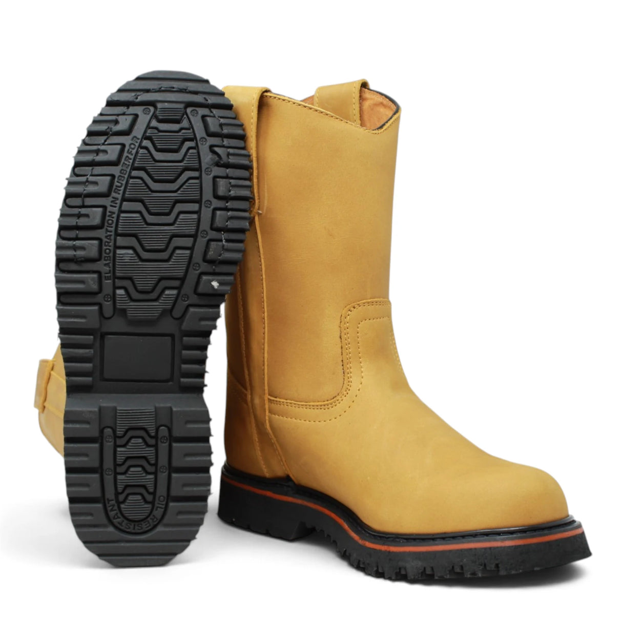 Bota de trabajo para hombre de piel con punta redonda y suela de hule Tractor de alta tracción, disponible en miel, boot and sole
