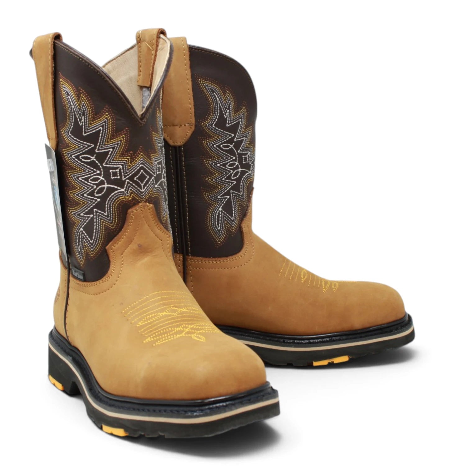 Bota de trabajo para hombre en piel color miel con punta cuadrada, bordado western y suela de doble densidad resistente. casco de acero