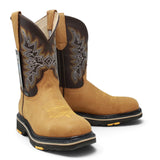 Bota de trabajo para hombre en piel color miel con punta cuadrada, bordado western y suela de doble densidad resistente. casco de acero