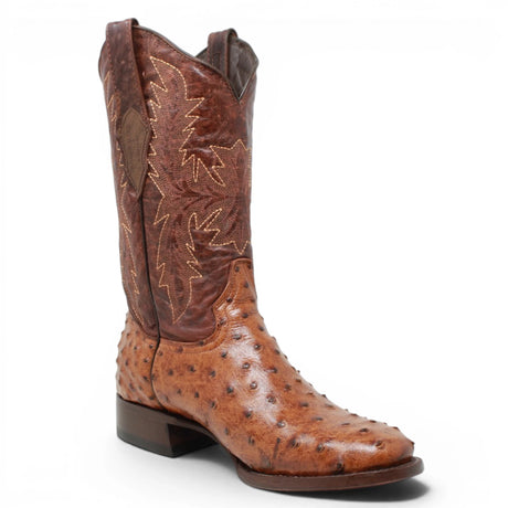 Black Label men's western cowboy boots featuring a cognac ostrich print leather foot, dark brown embroidered leather shaft, square toe, leather sole, and traditional cowboy heel. Handcrafted western boots with exotic-inspired texture and classic ranch styling. angle