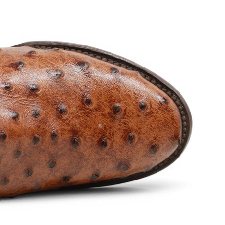 Black Label men's western cowboy boots featuring a cognac ostrich print leather foot, dark brown embroidered leather shaft, square toe, leather sole, and traditional cowboy heel. Handcrafted western boots with exotic-inspired texture and classic ranch styling. toe