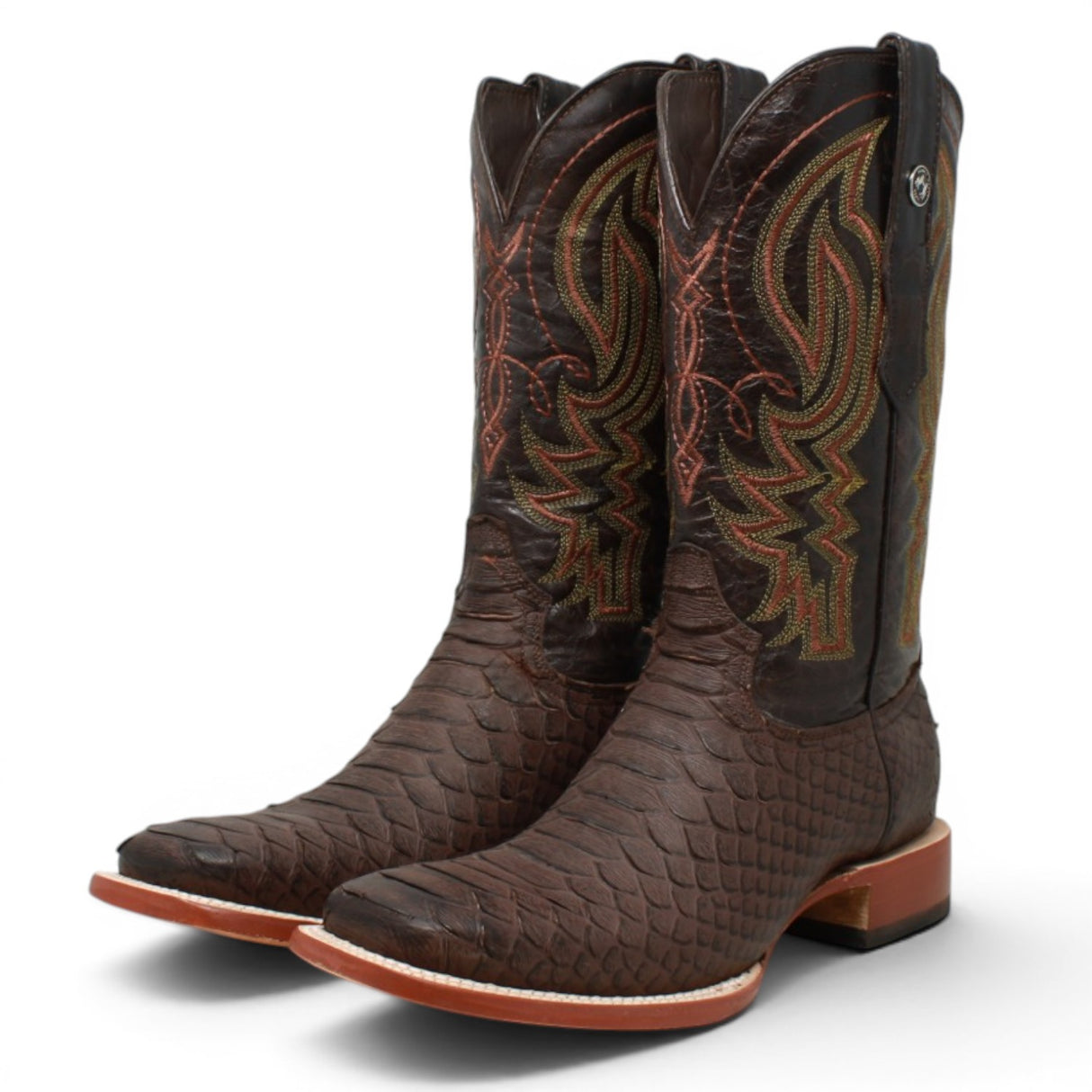 Men's Python Print Square Toe Boots in Brown Matte - Tanner Mark Boots