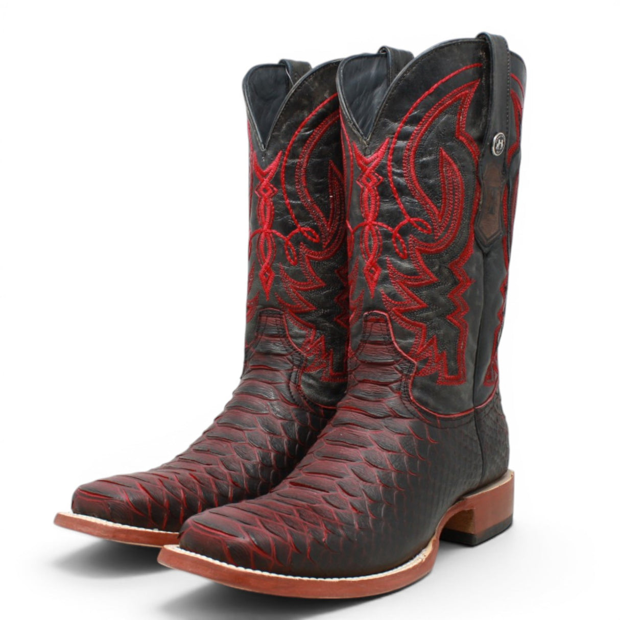 Men's Python Print Square Toe Boots in Black and Red - Tanner Mark Boots
