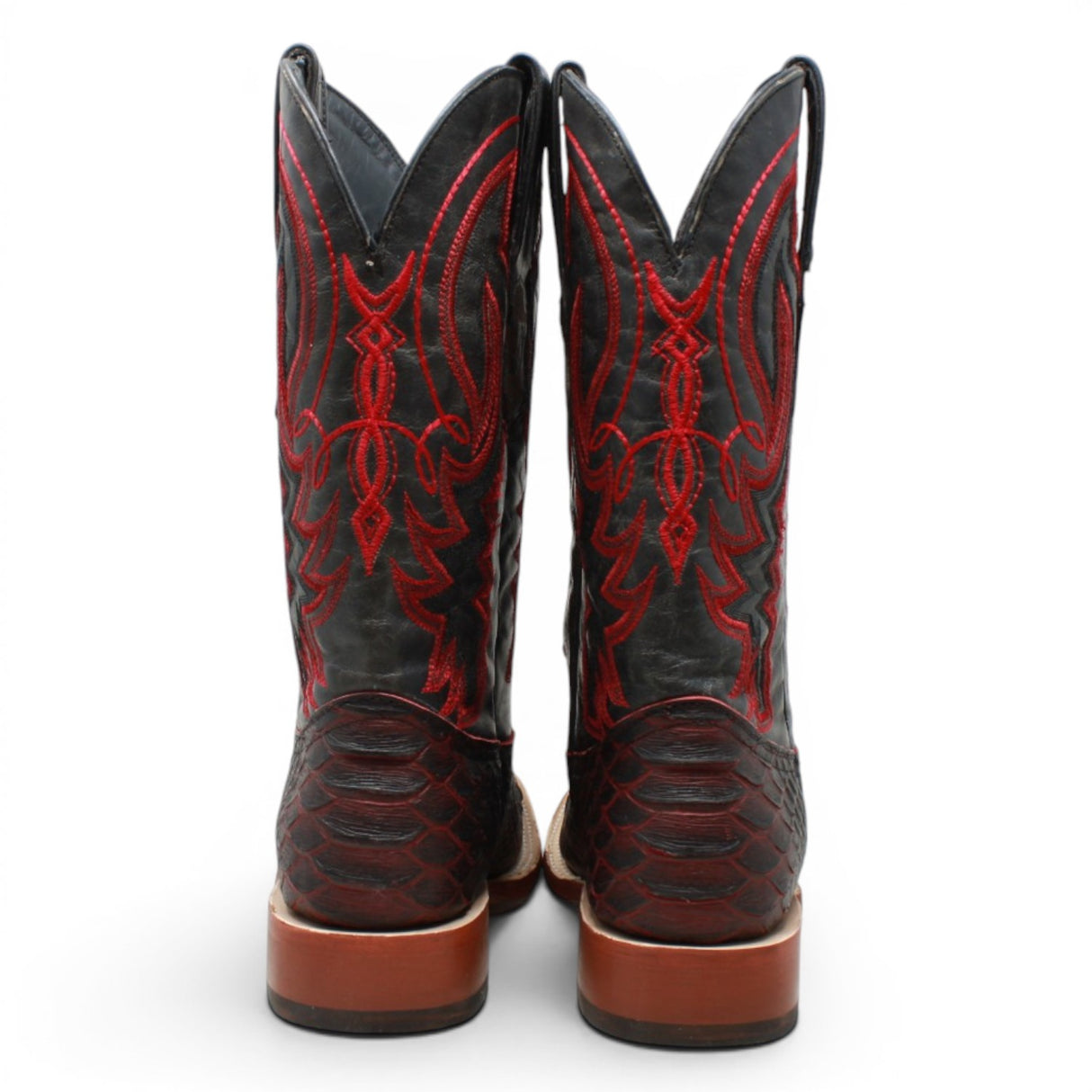 Men's Python Print Square Toe Boots in Black and Red - Tanner Mark Boots