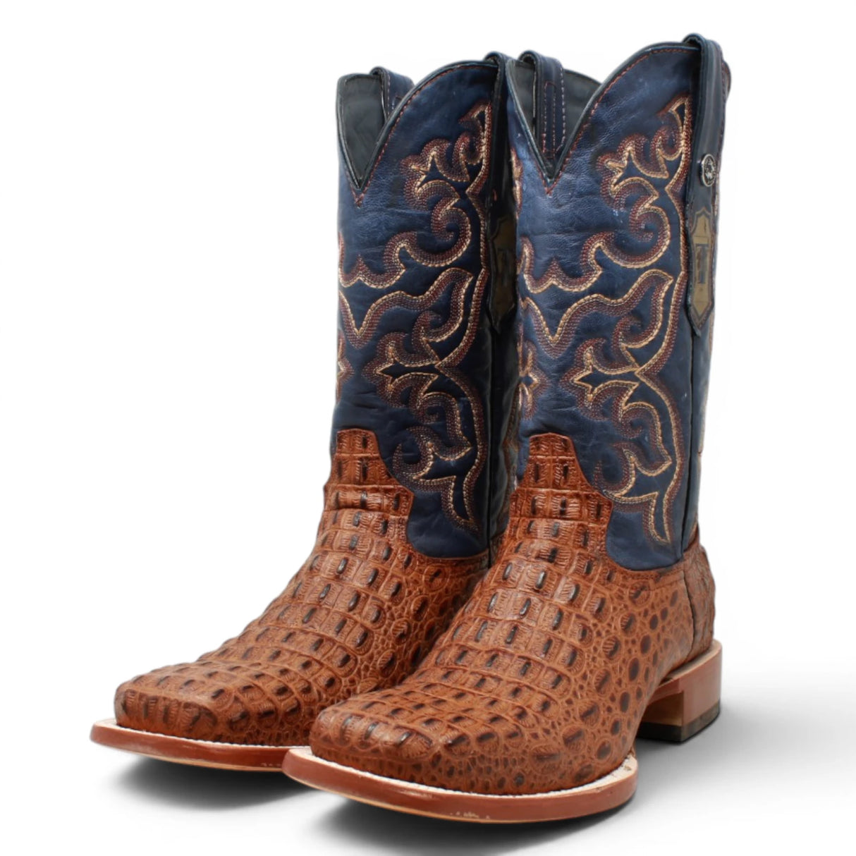 Tanner Mark Boots Boots Men's Caiman Hornback Print Square Toe Boots in Matte Cognac - Tanner Mark Boots - Pair Side View