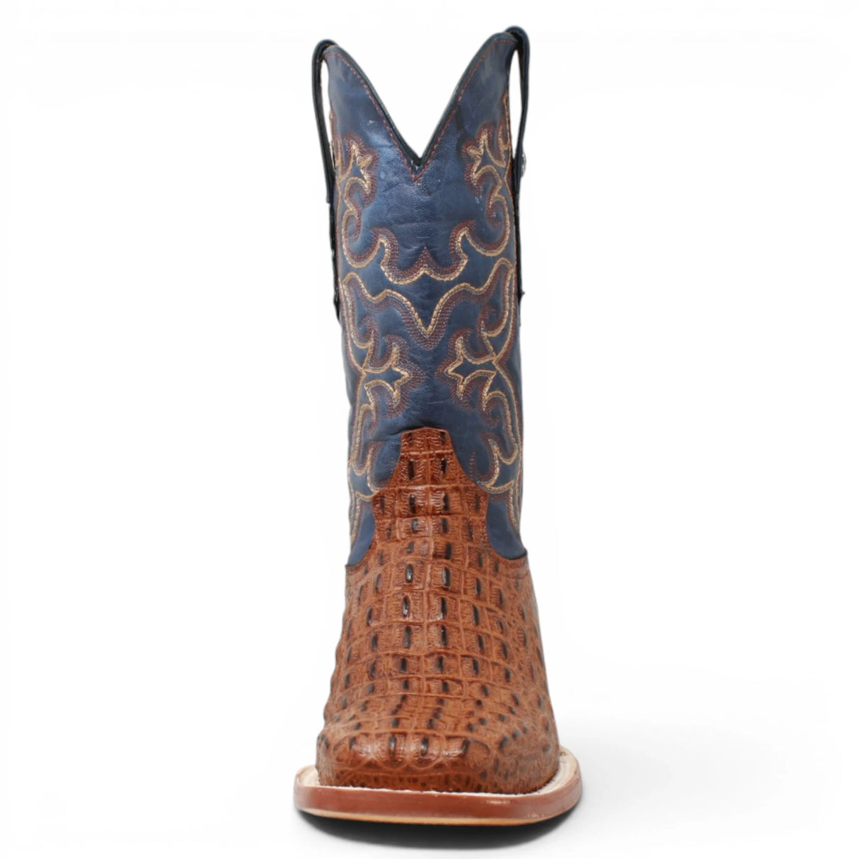 Men's Caiman Hornback Print Square Toe Boots in Matte Cognac - Tanner Mark Boots - Right Side View - Front View