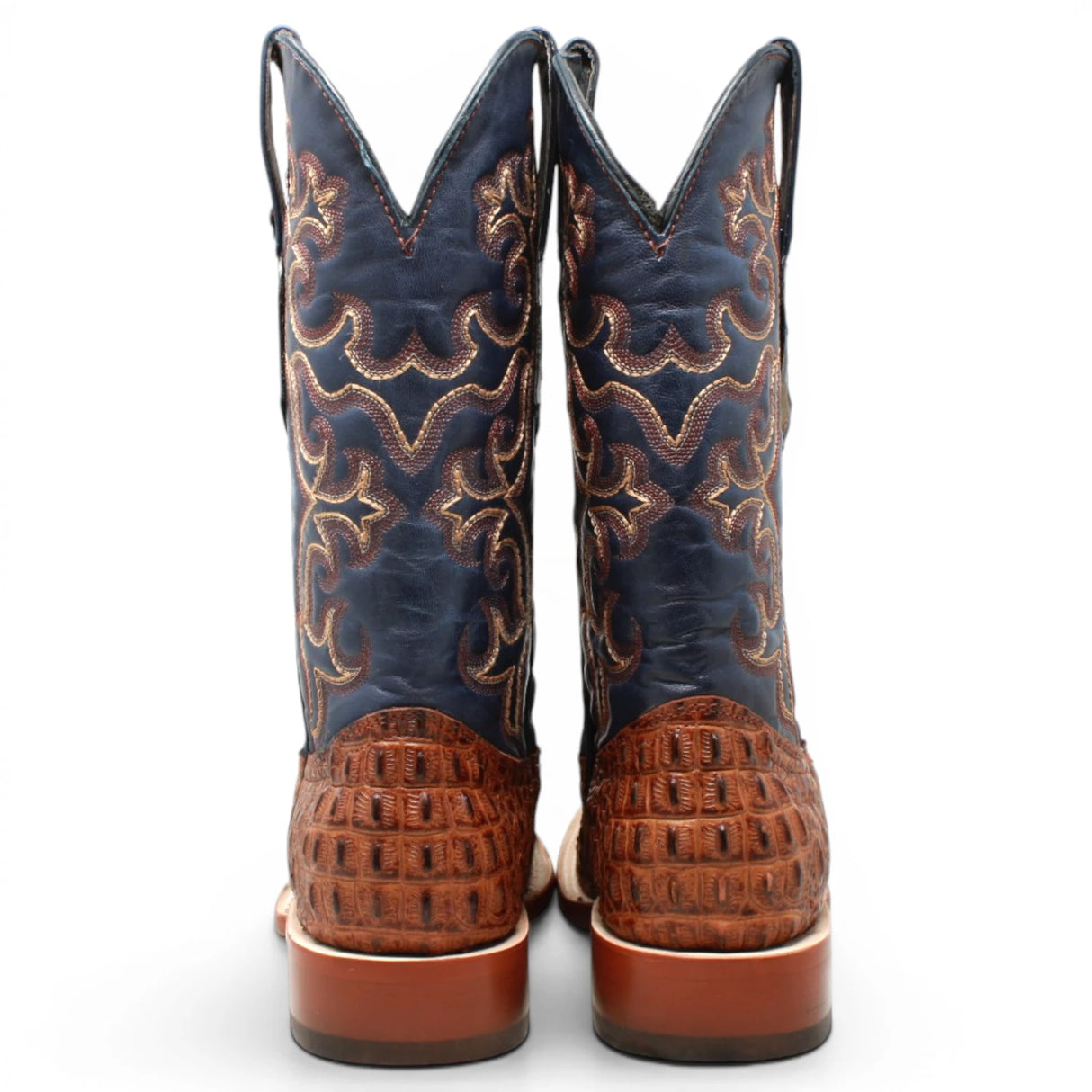 Men's Caiman Hornback Print Square Toe Boots in Matte Cognac - Tanner Mark Boots - Pair Back View