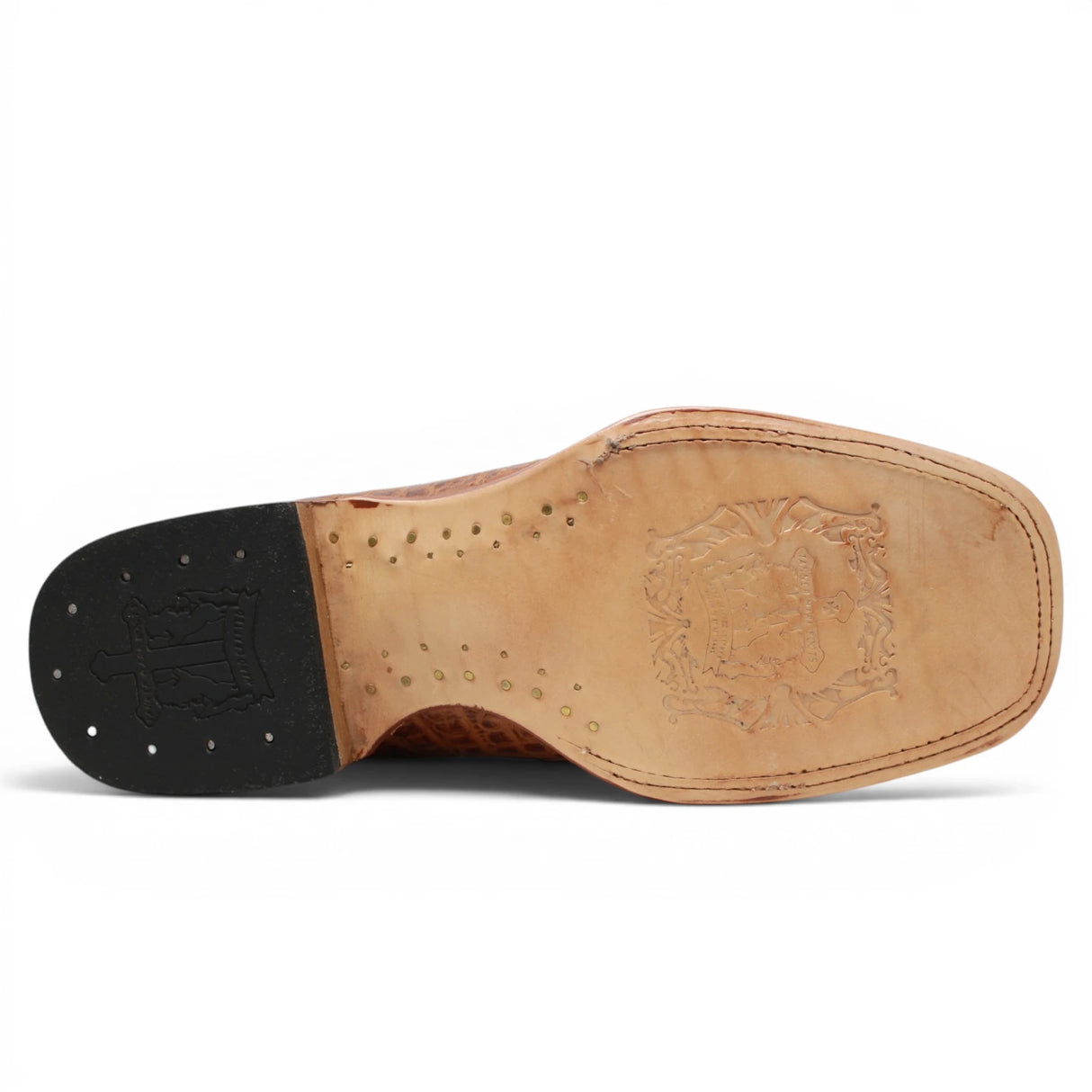 Men's Caiman Hornback Print Square Toe Boots in Matte Cognac - Tanner Mark Boots - Sole View